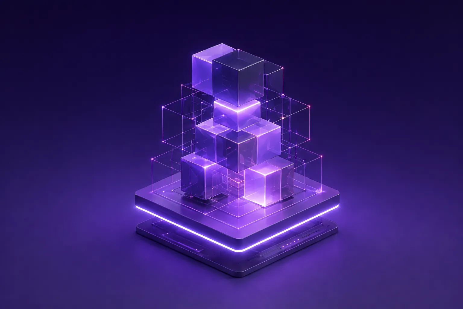 Glowing stacked isometric glass cubes representing modular full-stack architecture