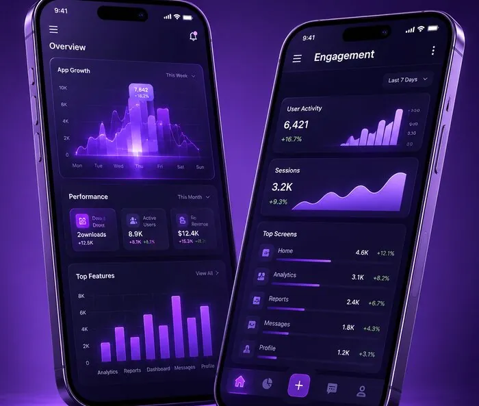 Mobile app UI: analytics dashboard on two phone screens with purple bar and area charts