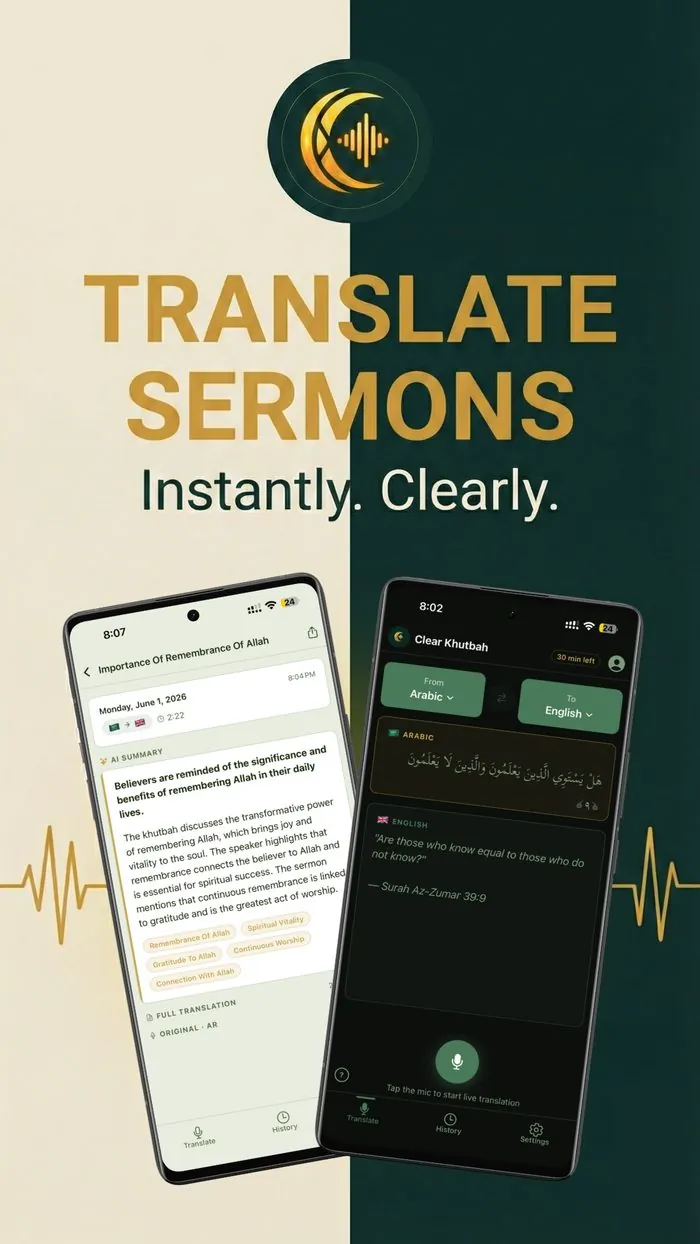 Clear Khutbah app showing real-time sermon translation interface