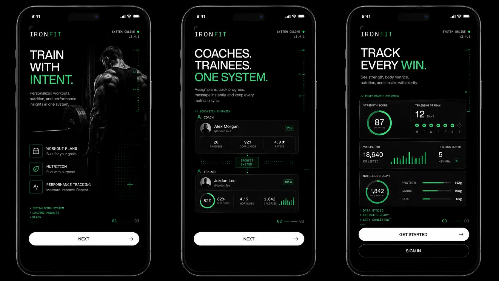 IronFit gym management app screens