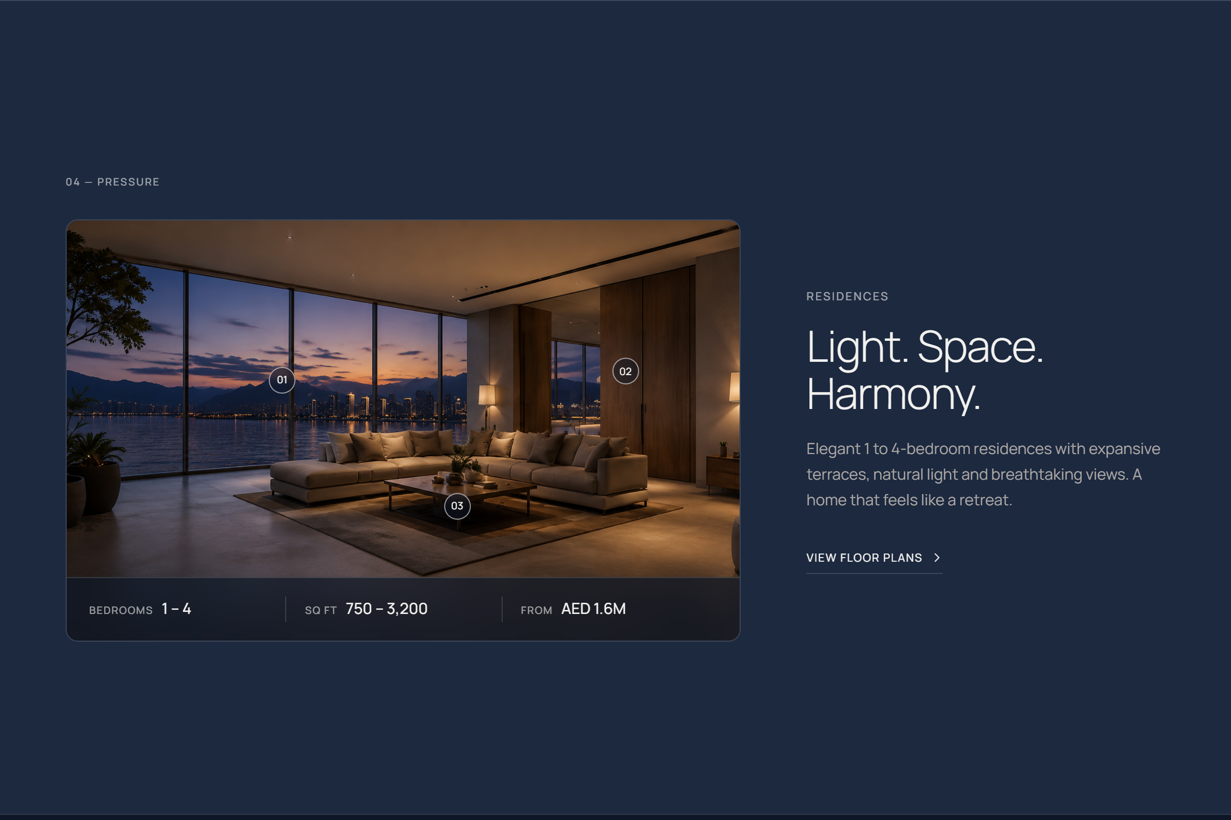 Meridian Residences luxury real estate landing page with cityscape hero