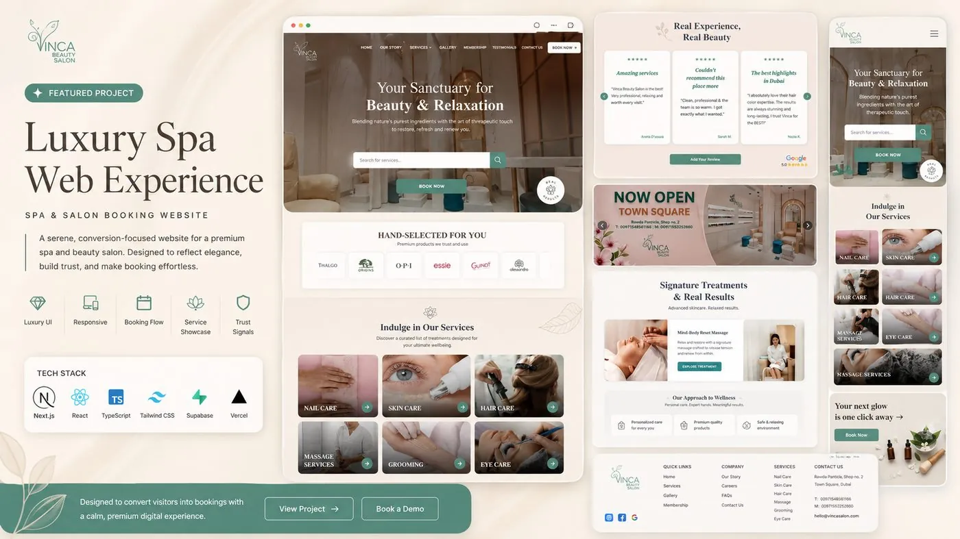 VINCA Rosea Spa website showing service booking page