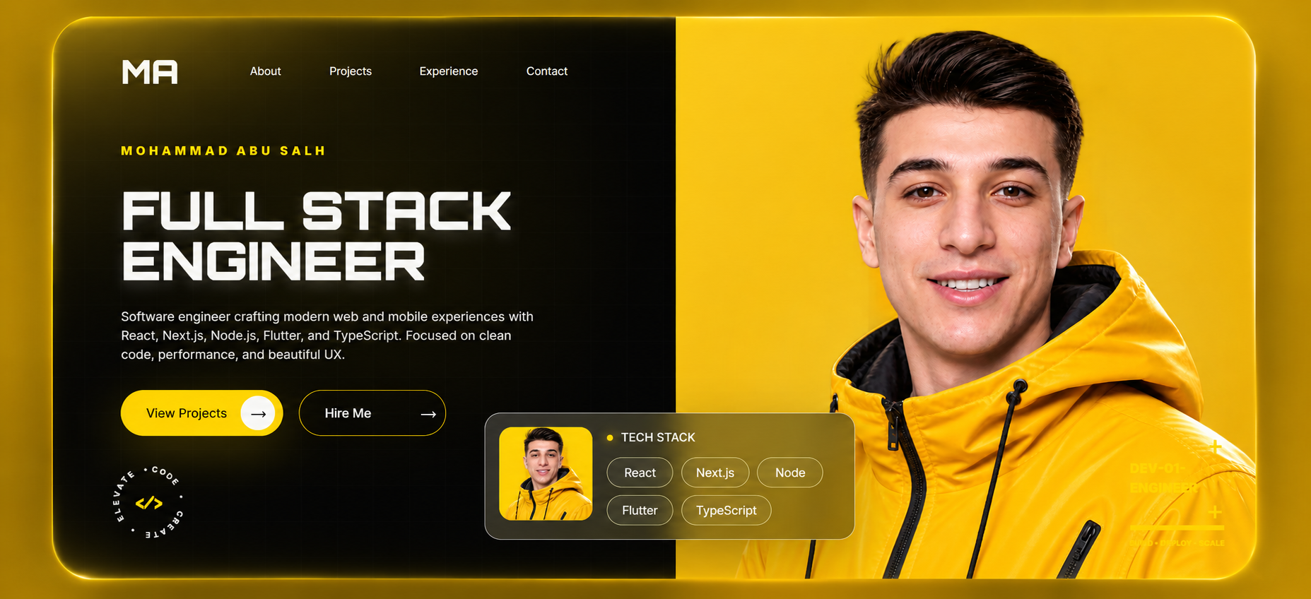 Portfolio Pro template preview with a dark hero, portrait photo, yellow accent, and developer project sections