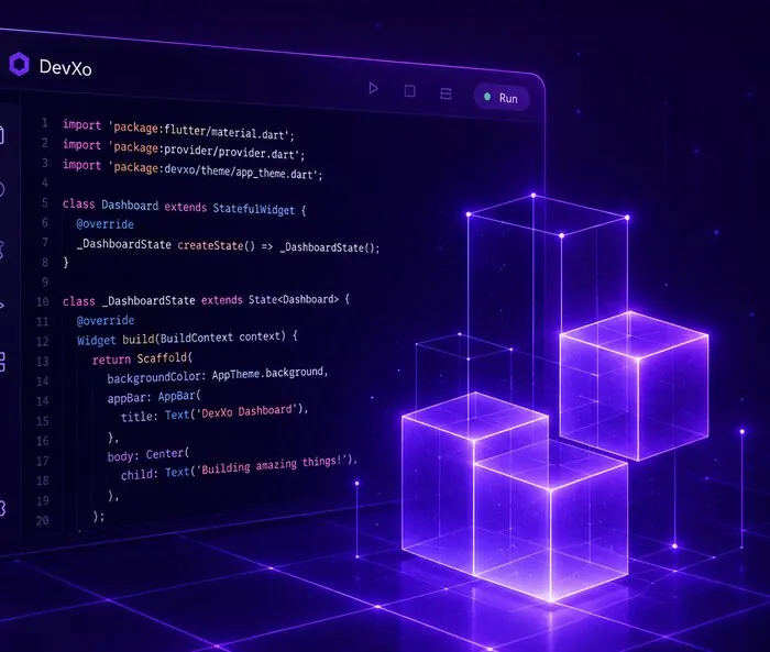 Flutter code editor panel beside glowing isometric cubes representing developer tooling