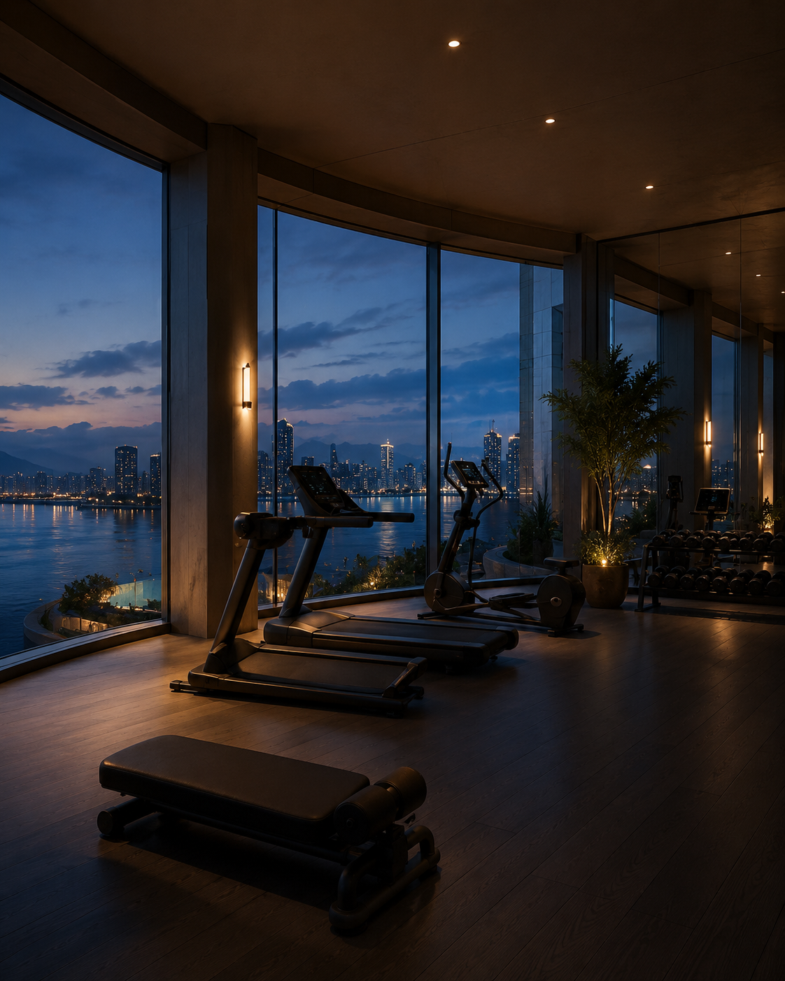 Fitness studio with panoramic skyline view