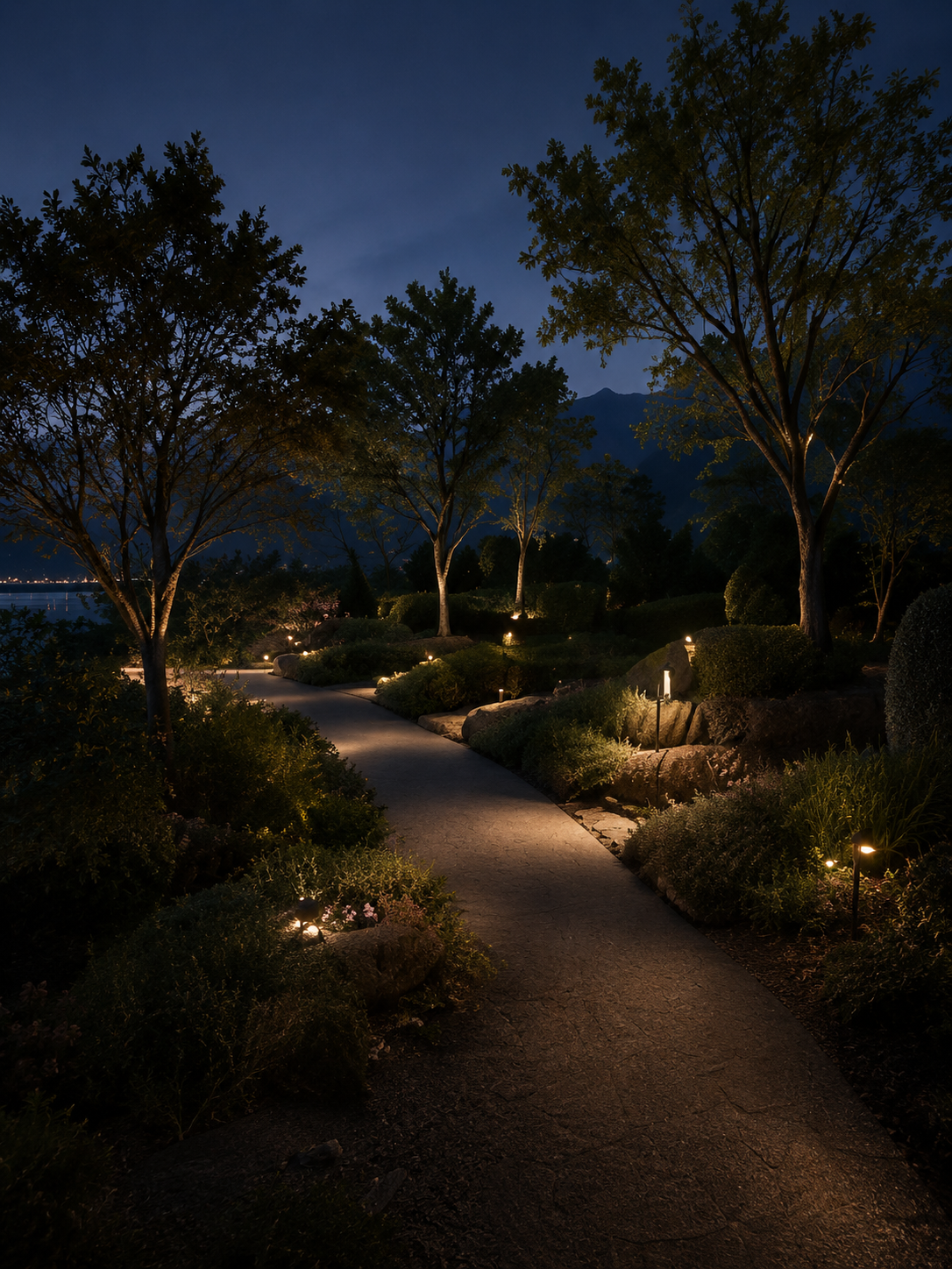 Illuminated path through zen gardens at night