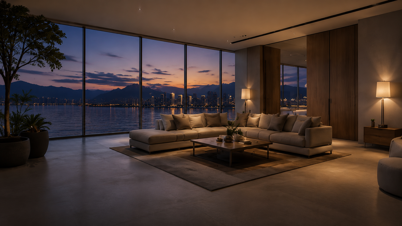 Residence living room with floor-to-ceiling windows over the bay