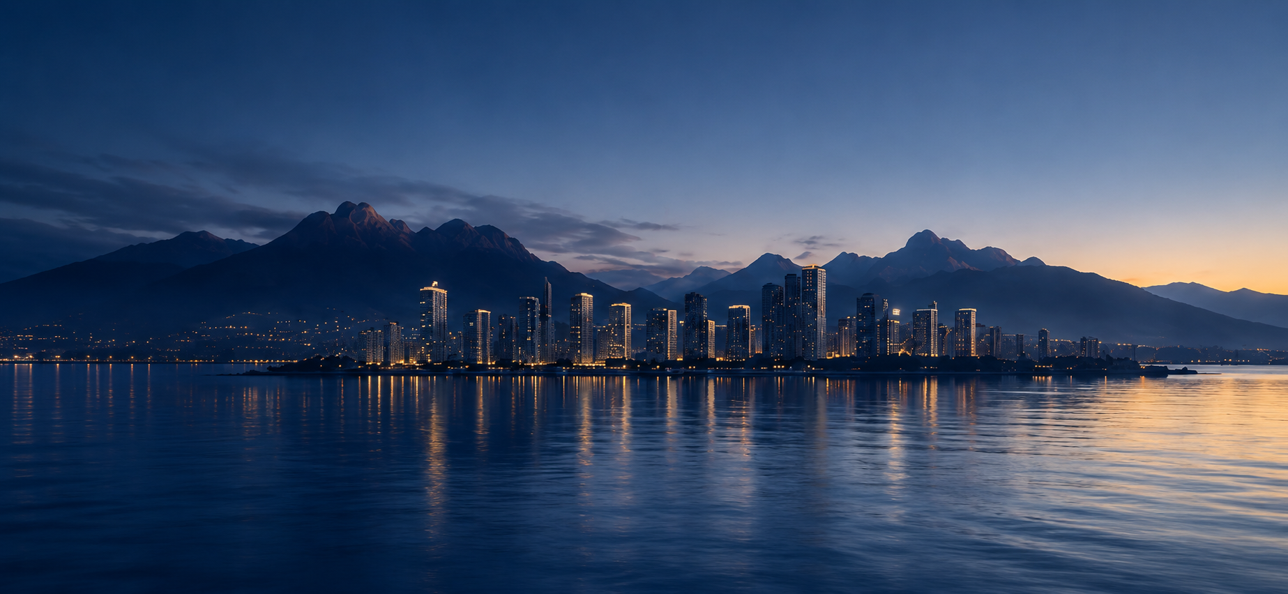 Blue-hour panorama of the waterfront skyline and mountains