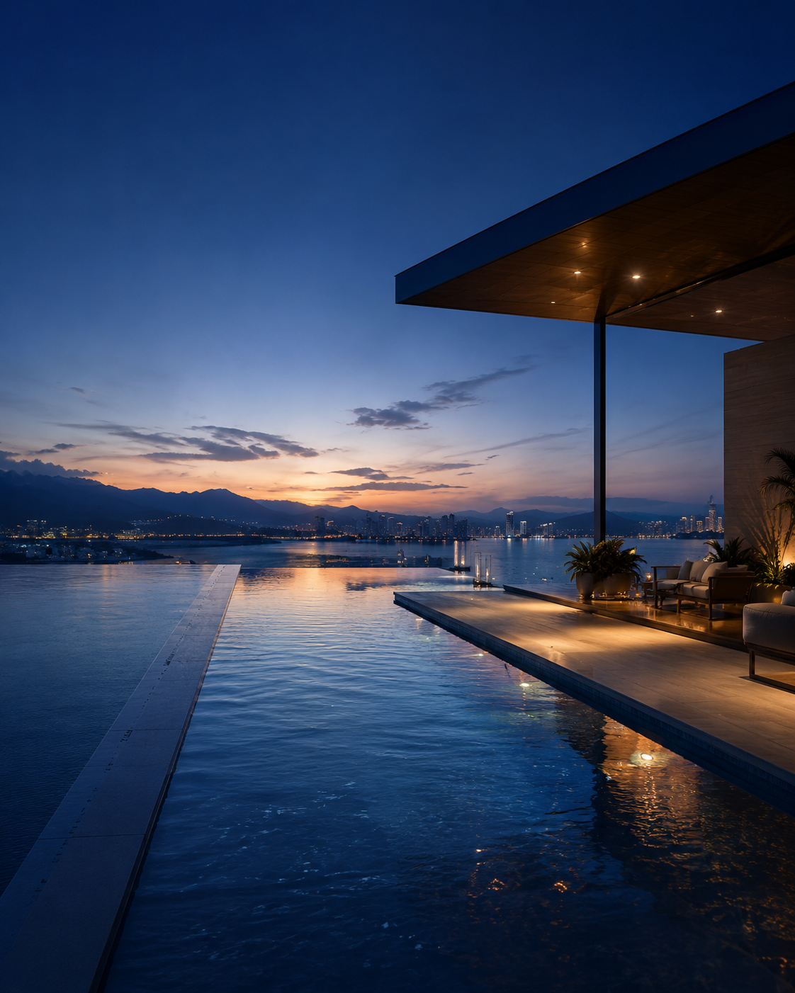 Infinity pool overlooking the bay at dusk