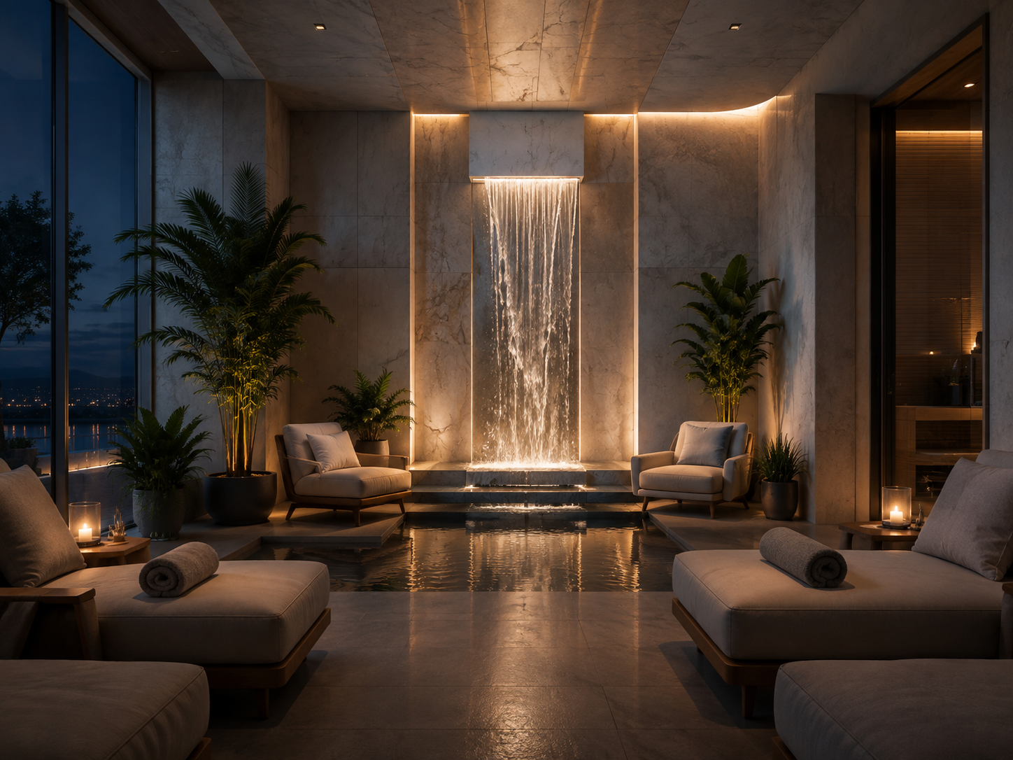 Wellness spa with marble water feature
