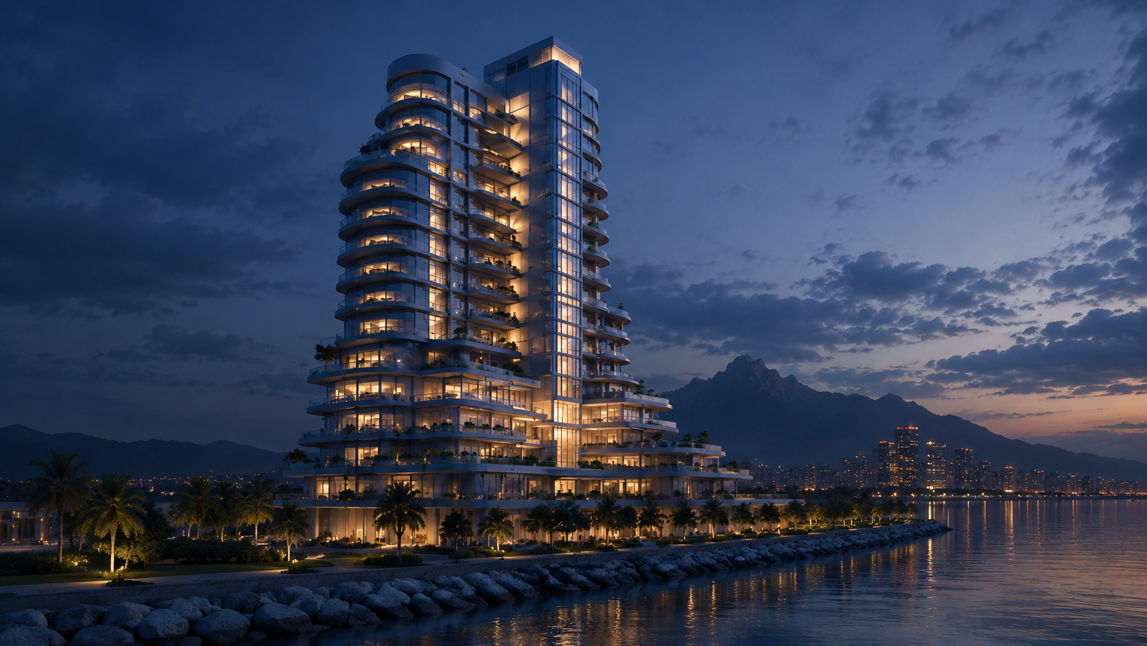 Meridian Residences tower rising above the waterfront at dusk, mountains behind